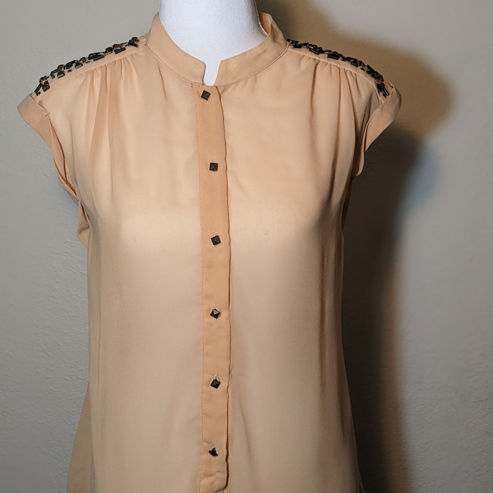 Love 21 tan button-up with embellished sleeve blouse